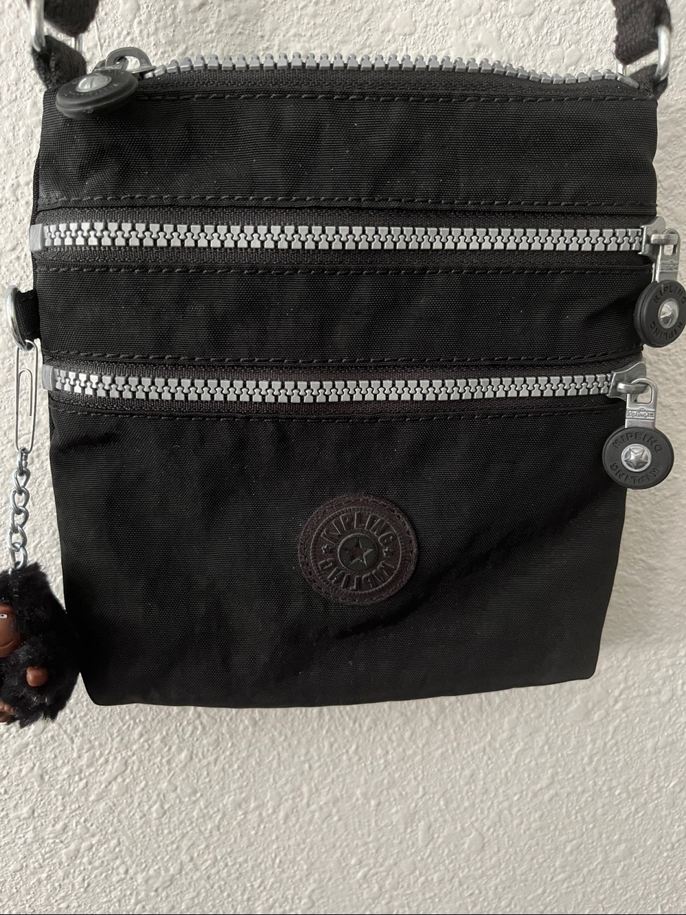 Kipling Alvar Mini Black Crossbody Bag with 3 Zippers, Monkey attached!
7”x71/2